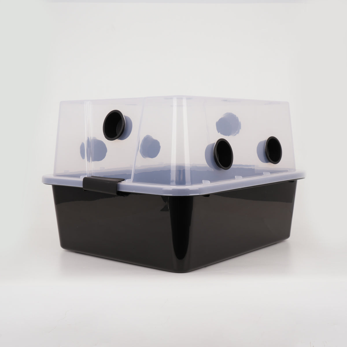 Microppose Medium Mushroom Monotub (Mark 1) with all plugs inserted, white background