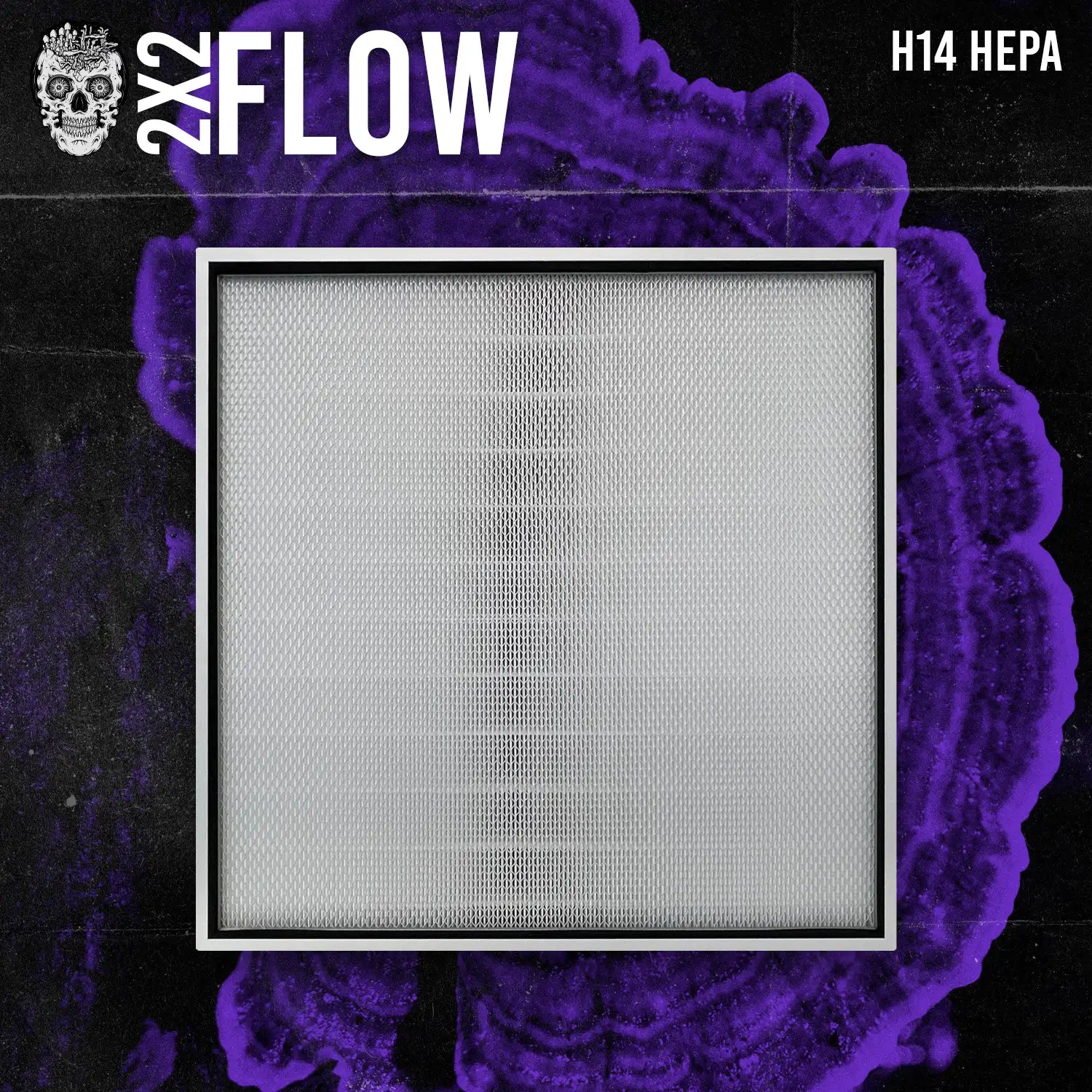 MycoPunks 2x2 Flow unit with '2x2 Flow' and 'H14 HEPA' text on a purple and black background