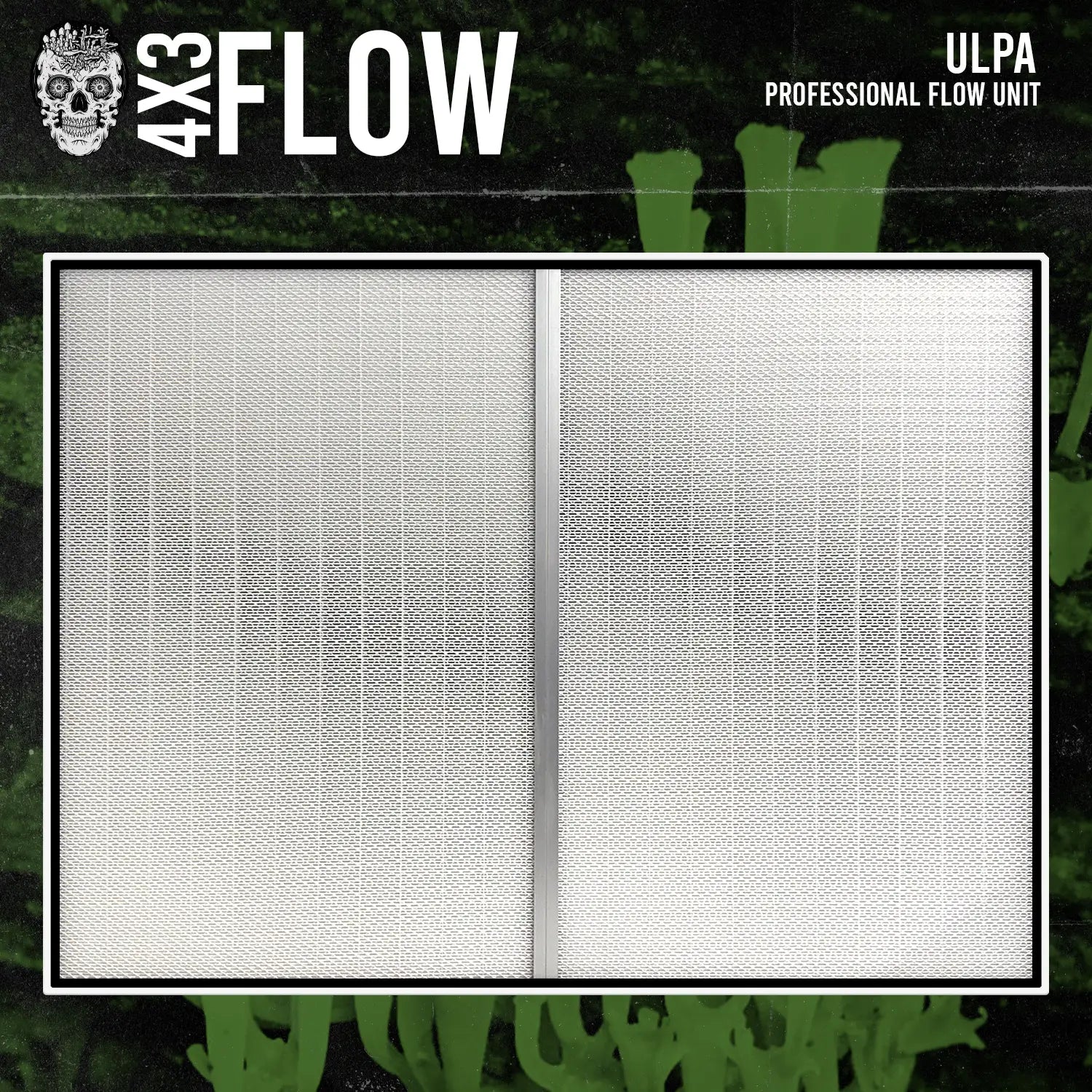 MycoPunks 4x3 flow unit, with '4x3 Flow' and 'ULPA Professional Flow Unit' text on a black and green background, with the MycoPunks skull logo