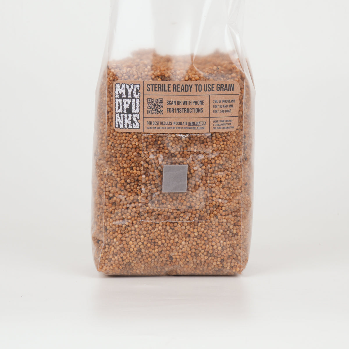 A bag of MycoPunk Sterile Millet for growing mushrooms on a white background