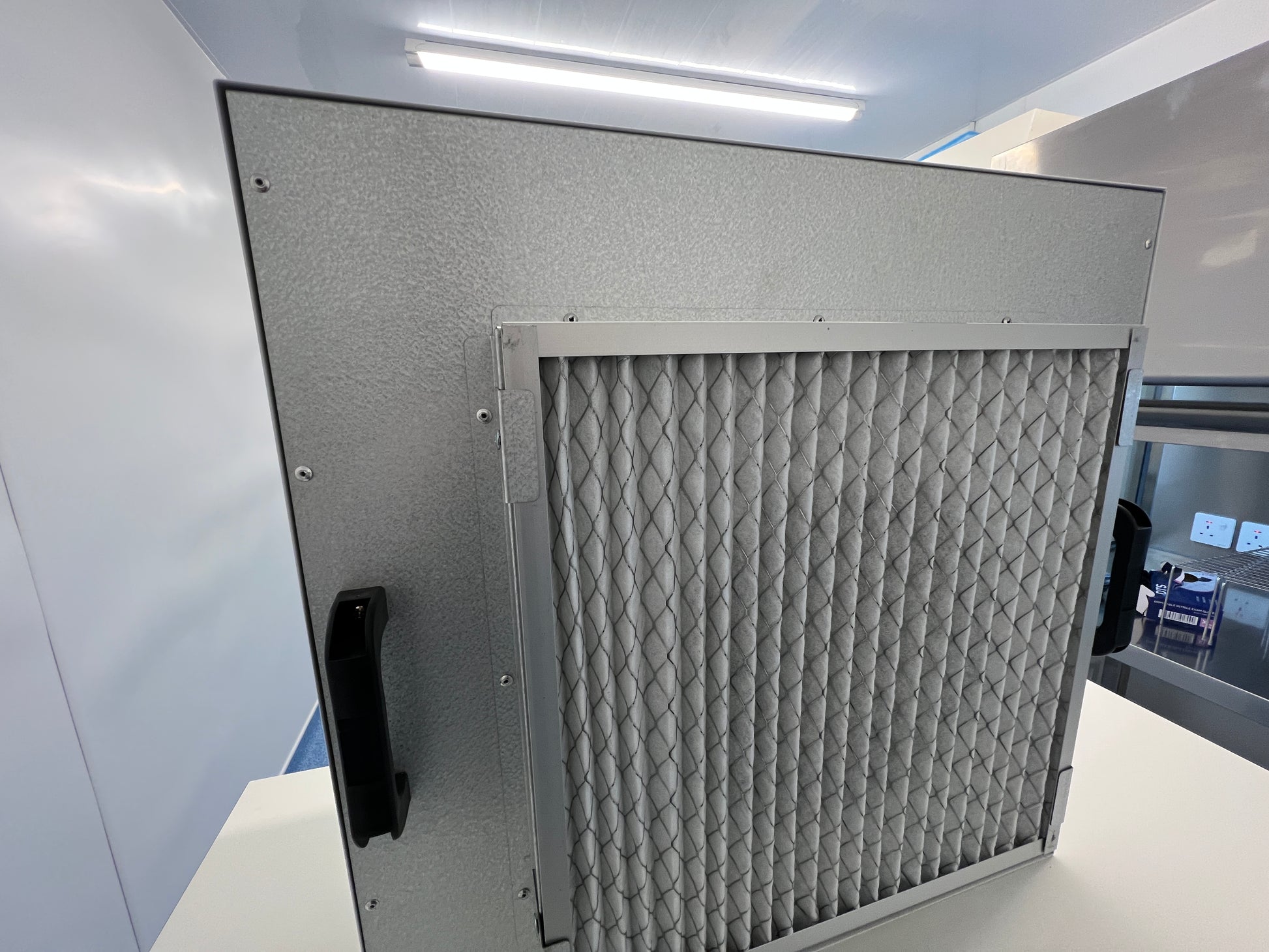 A rear view of the MycoPunks 2x2 V2 Flow Unit, showing the prefilter
