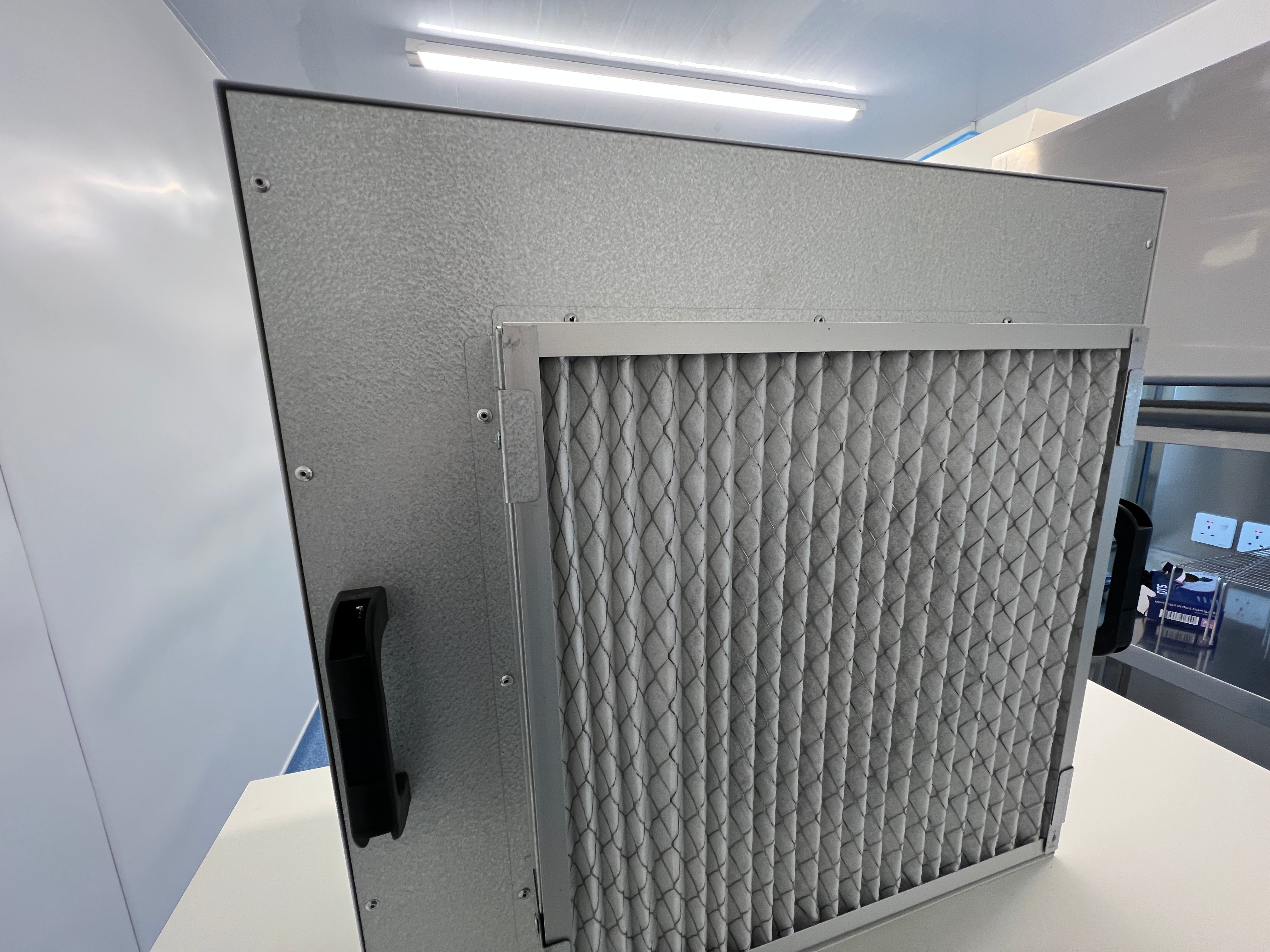 A rear view of the MycoPunks 2x2 V2 Flow Unit, showing the prefilter